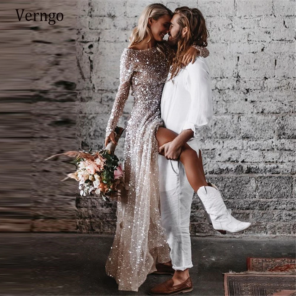 Verngo 2021 Sparkly Licht Champagner Hochzeit Kleid Lange Ärmeln Glitter Scoop Neck Vestido de noiva Bling EINE Linie Brautkleider