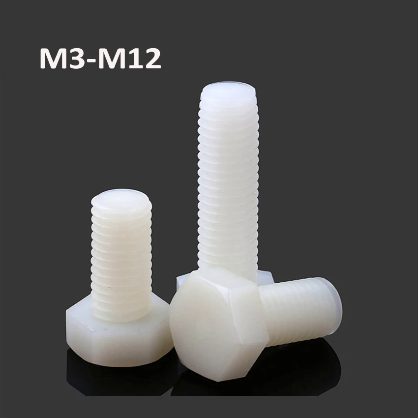 Perno hexagonal de nailon blanco PA66, tornillo de plástico M3, M4, M5, M8, M10, M12, pernos hexagonales aislados de nailon, DIN933, longitud 4-100mm
