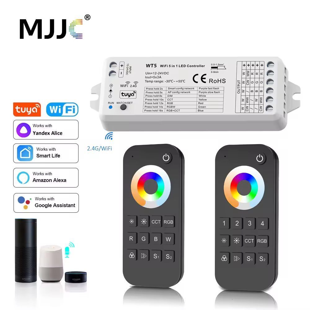 MJJC Tuya Smart Life LED RGBCCT contrôleur DC 12V 24V 5 en 1 variateur 2.4G RF télécommande sans fil LED bande lumineuse fonctionne avec Alice WT5