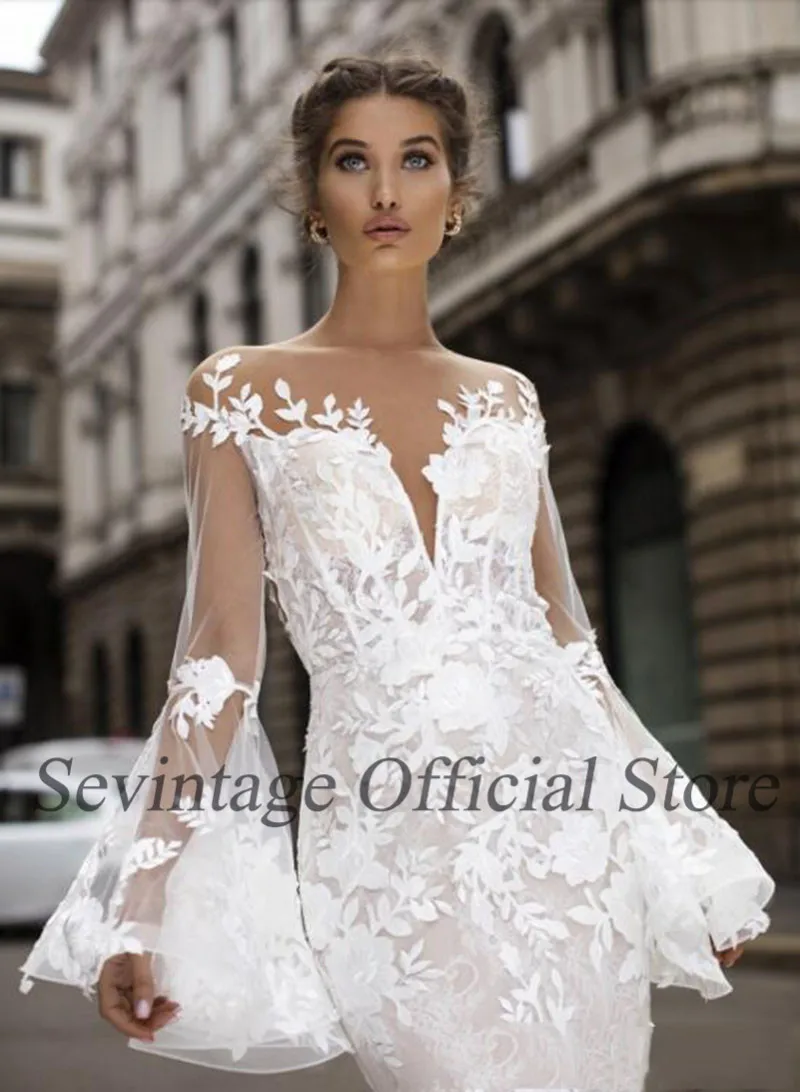 Sevintage – robe de mariée sirène en dentelle, style Boho, manches longues évasées, avec boutons, sur mesure, pour la plage