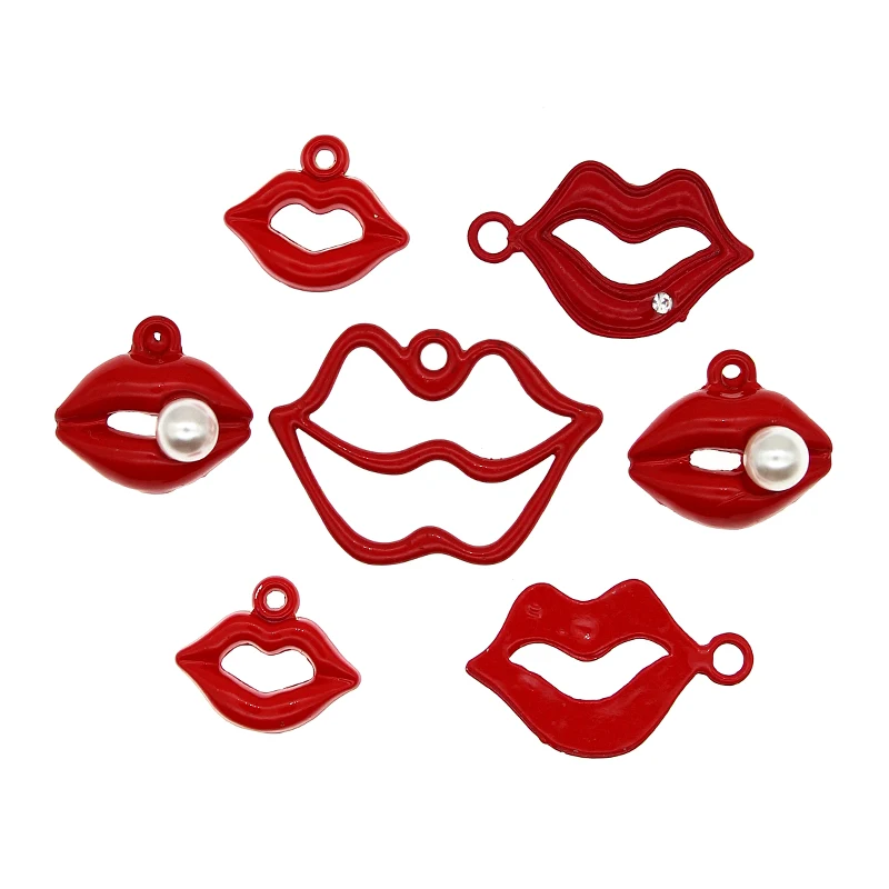 10pcs/lot Sexy Line Red Lips Lnlaid Rhinestone Pearls Enamel Charms For DIY Jewelry Accessories Floating Keychain Craft Findings