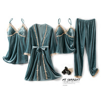 Sleepwear Velour Women Kimono Bathrobe Gown Casual Pajamas Loose Sexy Nightgown 4PCS Robe Set Lace Trim Home Clothing Gowns