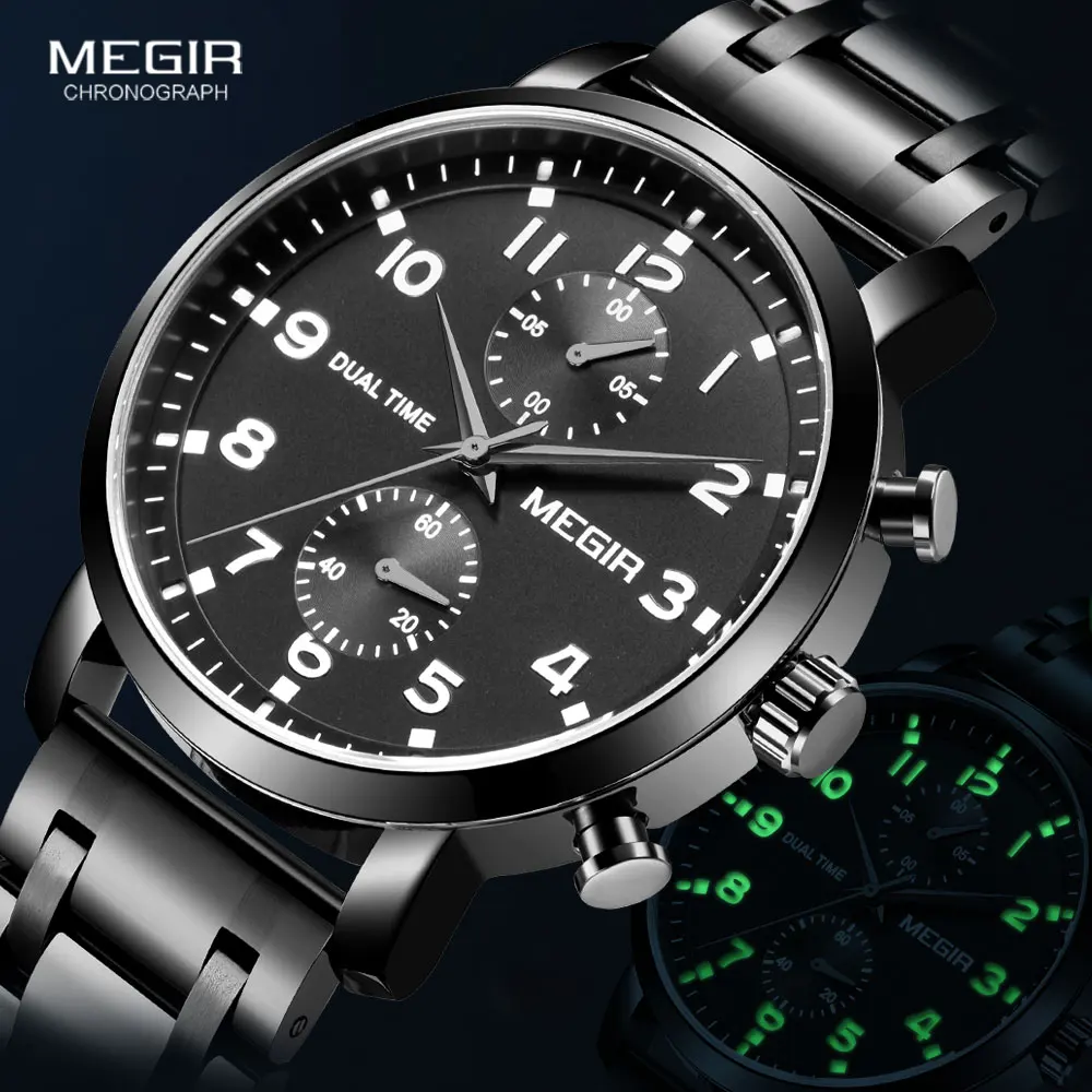 MEGIR Men Watches Fashion Chronograph Business Wrist Watch for Man Stainless Steel Waterproof Quartz Watch Leather Strap Relogio