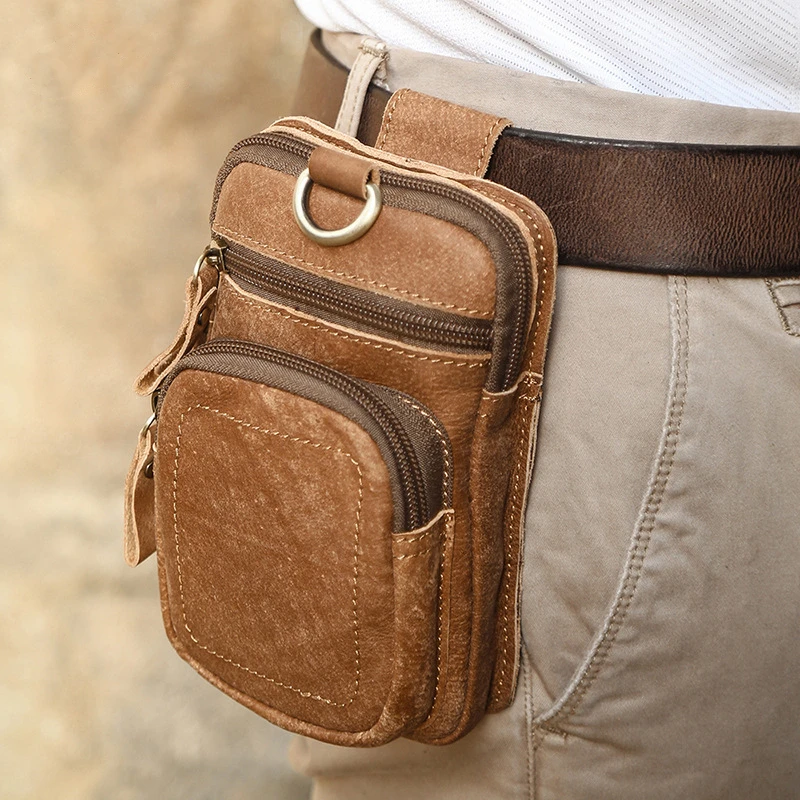 Vintage Crazy Horse Leather Fanny Waist Pack Men Genuine Leather Travel Belt Waist Bags Male Small Phone Pouch Loop Hip Bum Bag