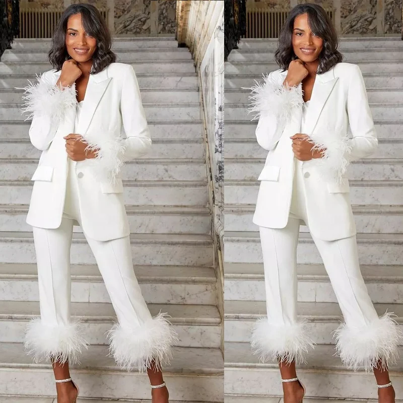 Loose White Women Suits 2 Pieces Daily Peaked Lapel Casual Elegant Pocket Pants Jacket With Feather Custom Made Blazer