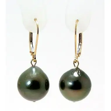 

New Favorite Pearl Store AAA 12x13.5mm Dark Gray Tahitian Pearl Dangle Earrings 14K Yellow Gold Leverback Hook Fine Lady Gift