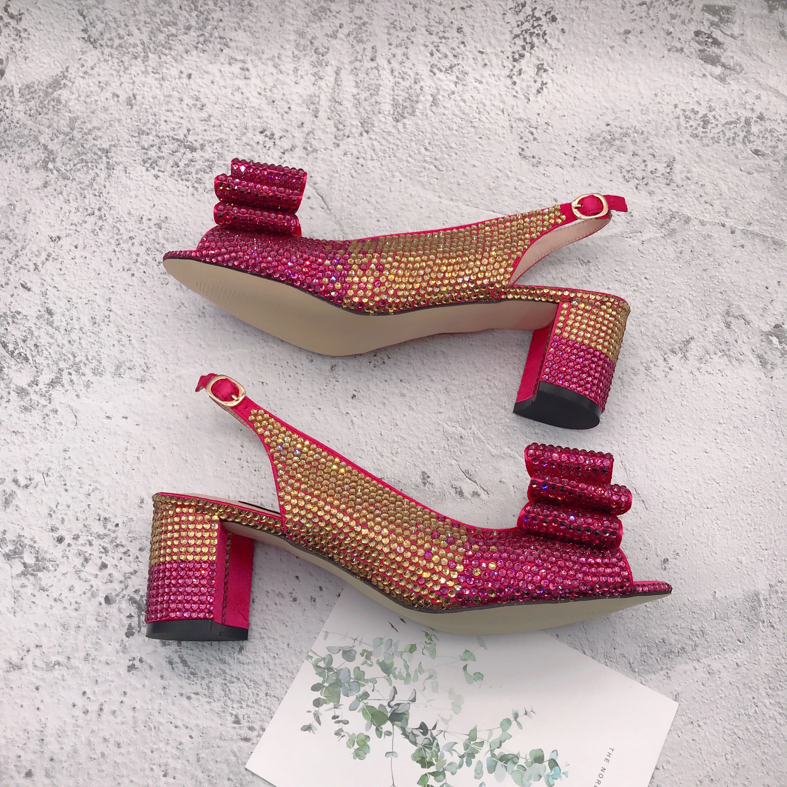 CHS1255 DHL Custom Made Big Size Fuchsia Pink Gold Stones Block Heel Bow Women Bridal wedding Shoes