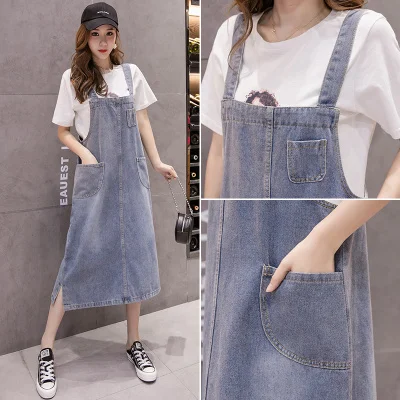 Summer Women Long Denim Dress Sundress Fashion Pockets Casual Loose Overalls Dresses Female Blue Strap Jeans Dress Plus Size 5XL
