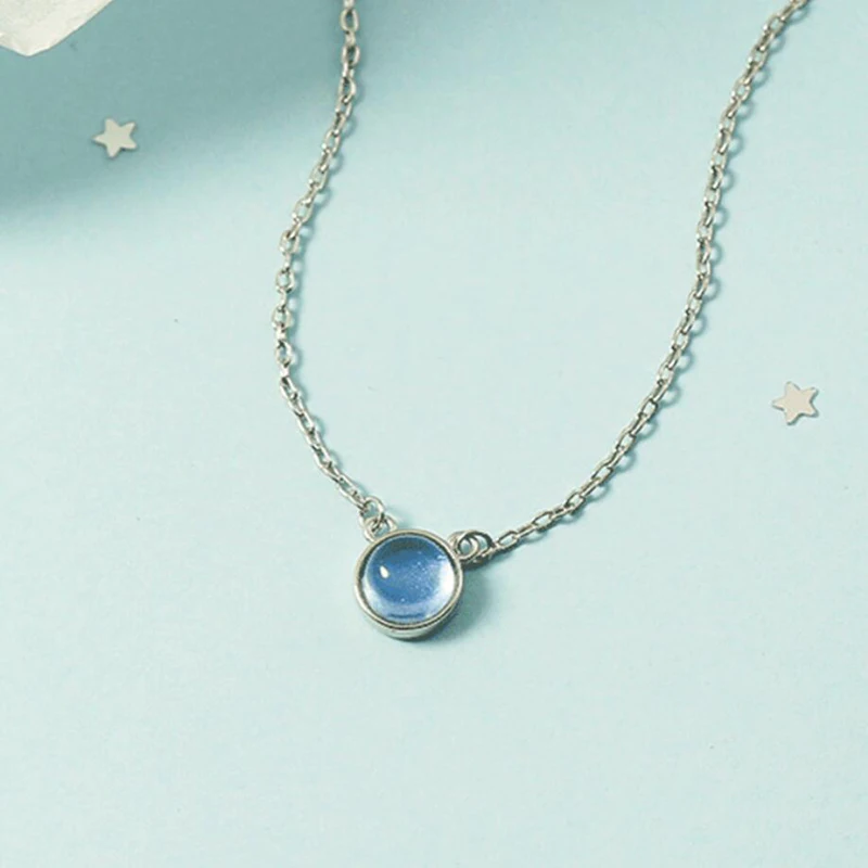 KOFSAC Crystal Blue Round The Sea Necklace For Women Cute Gift 925 Sterling Silver Fashion Jewelry Starry Sky Pendant Necklaces