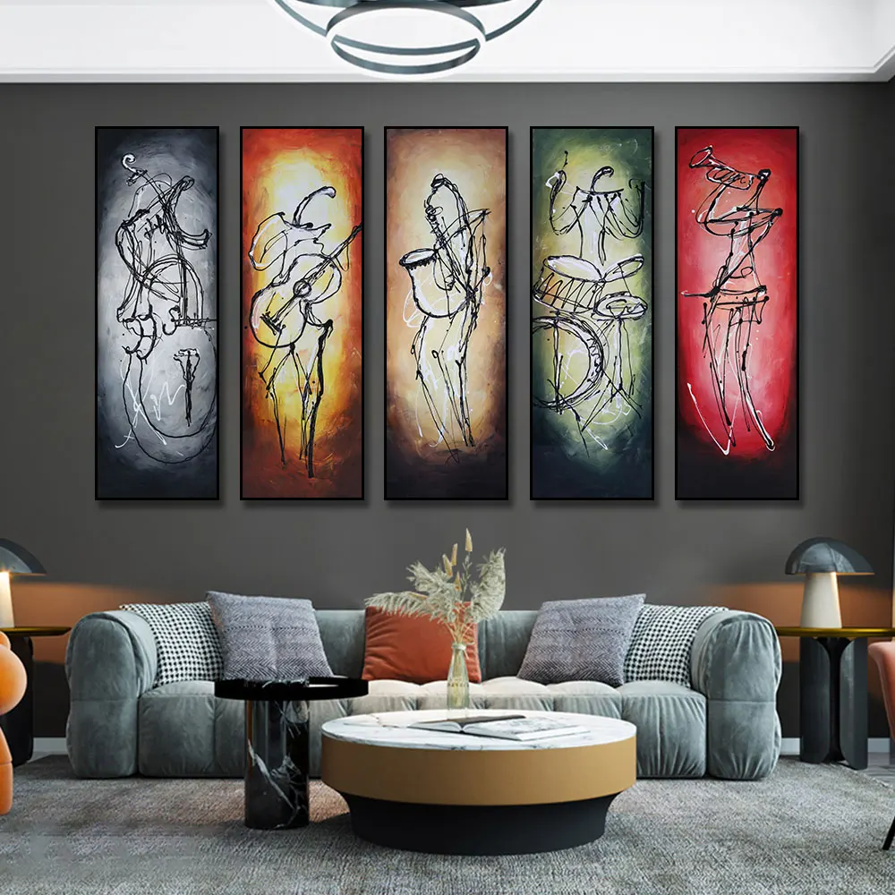 Modern Hand-Painted Oil Painting 5 Panels Abstract Orchestra Band Wall Art Canvas Painting for Living Room Home Wall Decoration