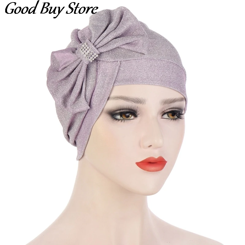 Fashion Muslim Headscarf Women Hair Wrap Stretch Bandana Bowknot Head Cover Female Indian Style Hat Turban Beanies Chemo Caps