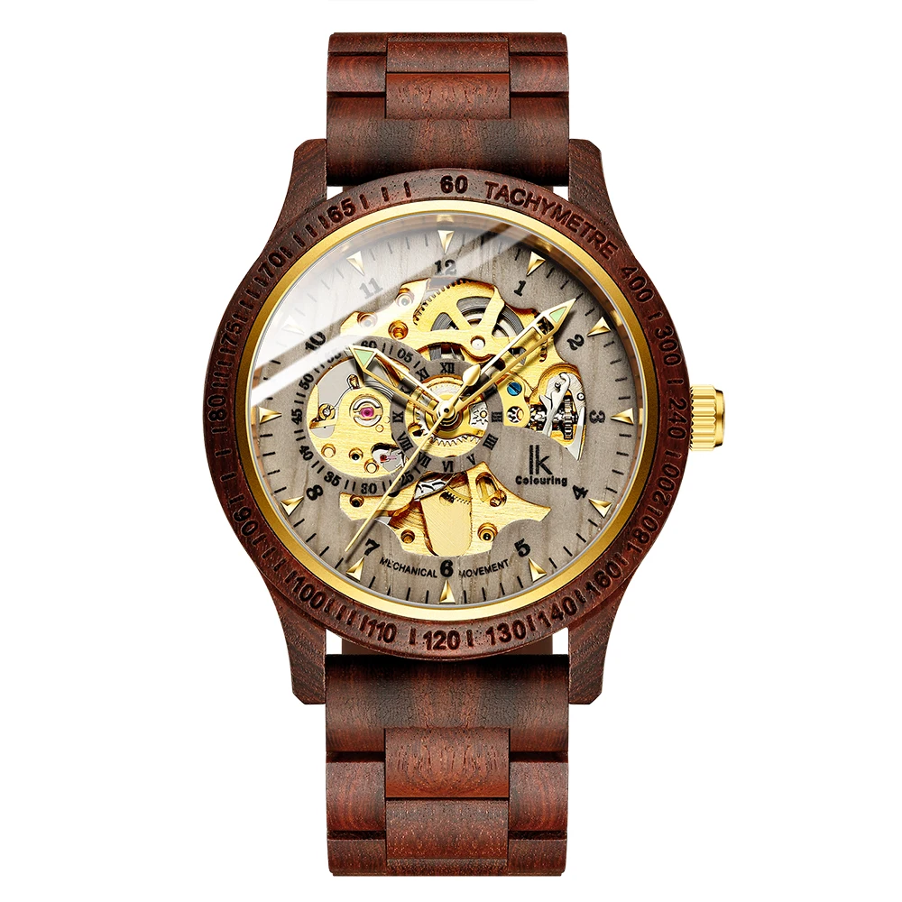 Classic Fashion Wooden Men Automatic Mechanical Watch Wooden Strap  Skeleton Transparent Sport male WristWatch Relogio Masculino