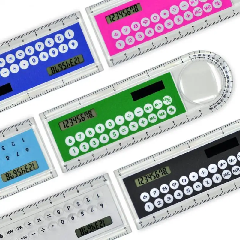 Mini regla recta ultrafina colorida con calculadora Solar, lupa, calculadora multifunción, suministros de oficina escolar, 10cm, nuevo