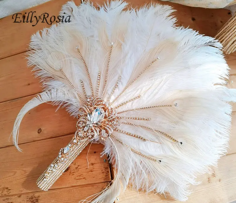 Ostrich Feather Fan with Brooch Bouquet Sequined Peacock Feather Wedding Fan for Bride Retro 1920\'s The Great Gatsby Masquerade