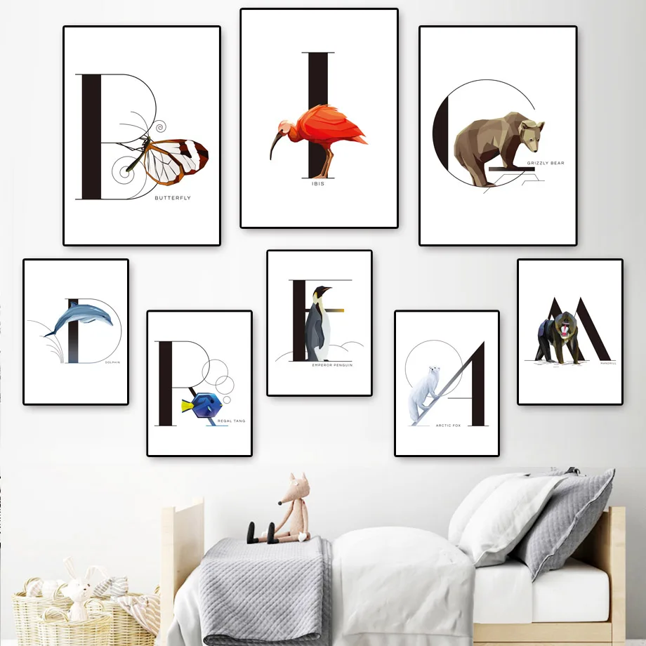 Cute Bear Flamingo Bird Animals Alphabet Wall Art Canvas Painting Nordic Posters And Prints Wall Pictures Baby Kids Room Decor
