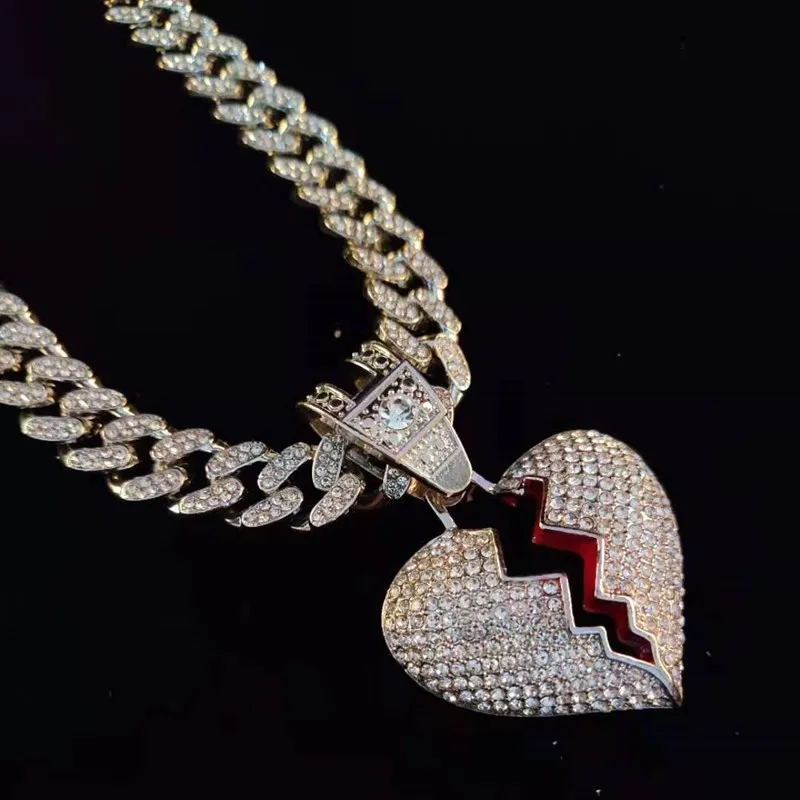 Men Hip Hop Chain Iced Out Bling Bling Heart Broke Pendant Necklace13mm Miami Cuban Chain HipHop Necklaces Fashion Charm Jewelry