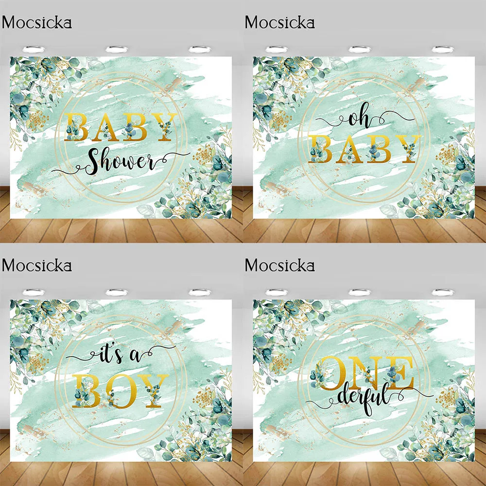 

Mocsicka Baby Shower Backdrop Oh Baby Green Leaves Gold Ring Boy Photography Background Decoration Photo Studio Photoshoot Props