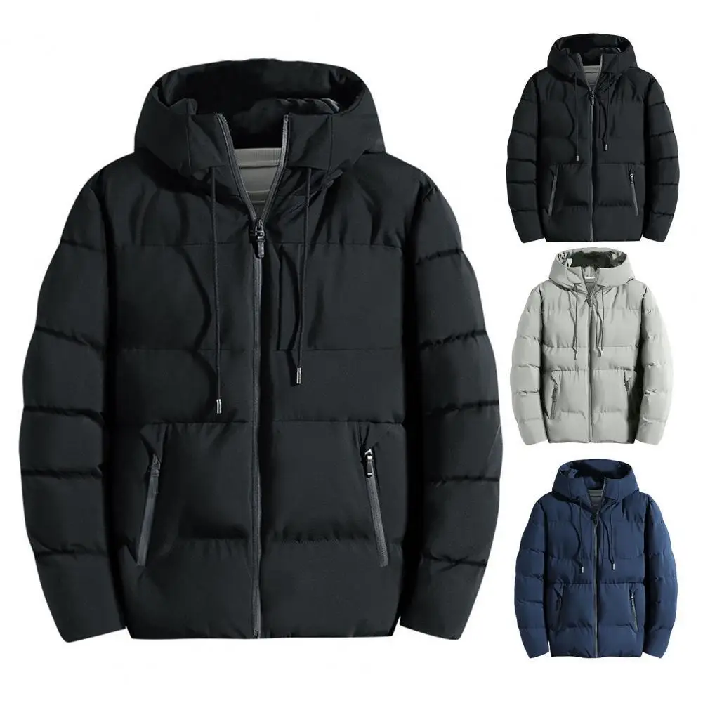 Zipper Pockets Hooded Men Coat Autumn Winter Solid Color Stand Collar Puffer Jacket Outerwear