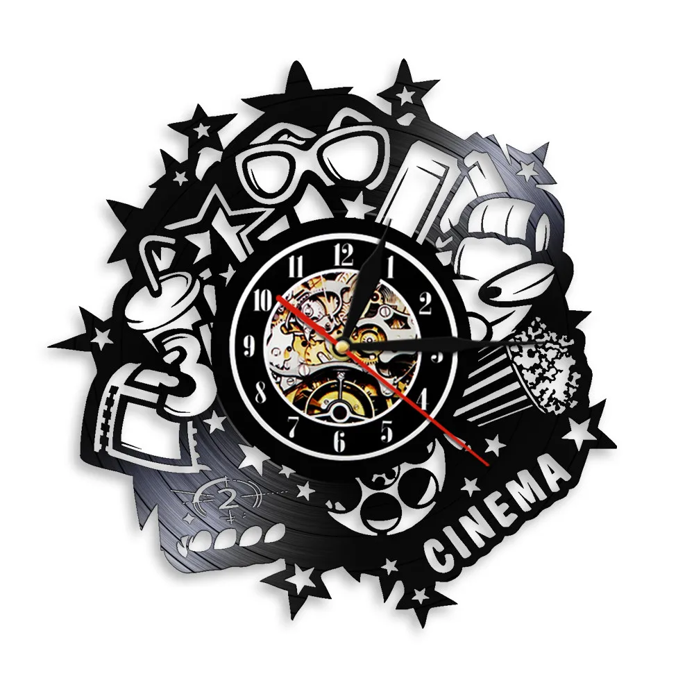 Cinema Sign Vinyl Record Wall Clock Movie Theater Now Showing Silent Quartz Watch Pop Corn Drinks 3D Glass Modern Decor