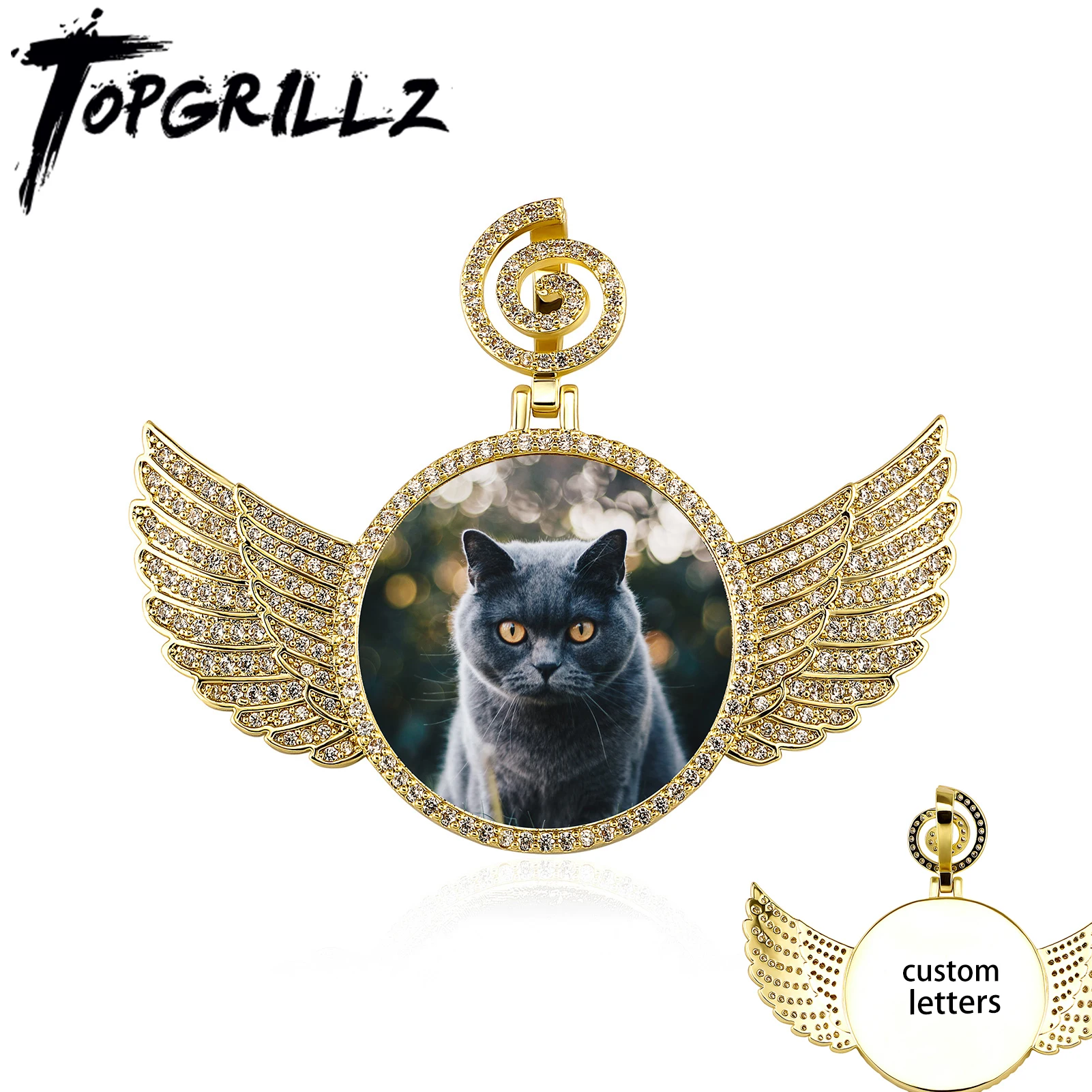 TOPGRILLZ Custom Photo Pendant With wings Medallions Necklace & Pendant Iced Out Cubic Zircon Jewelry For Gift Custom Letters