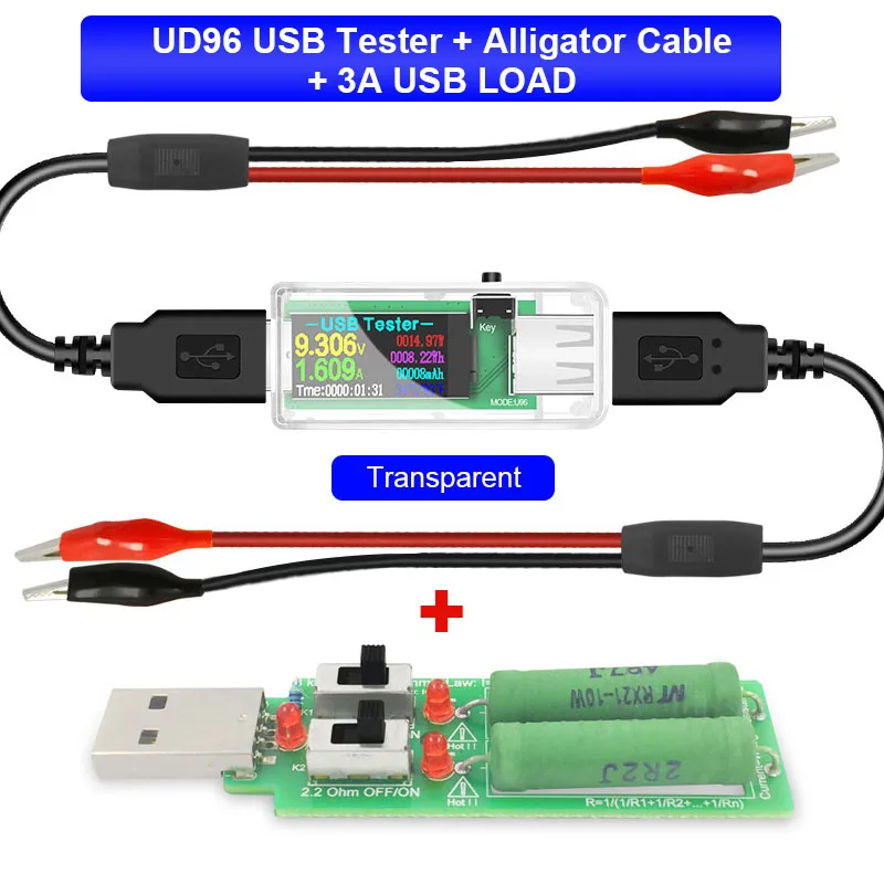 U96 USB tester DC Digital voltmeter amperimetro power bank charger indicator voltage current meter detector+ load+alligator