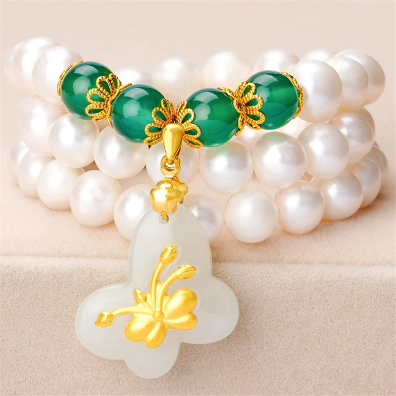 

HABITOO Women's 999 Gold and Jade Butterfly Pendant Natural 7-8mm White Freshwater Pearl Necklace for Women Fashion Jewelry Gift