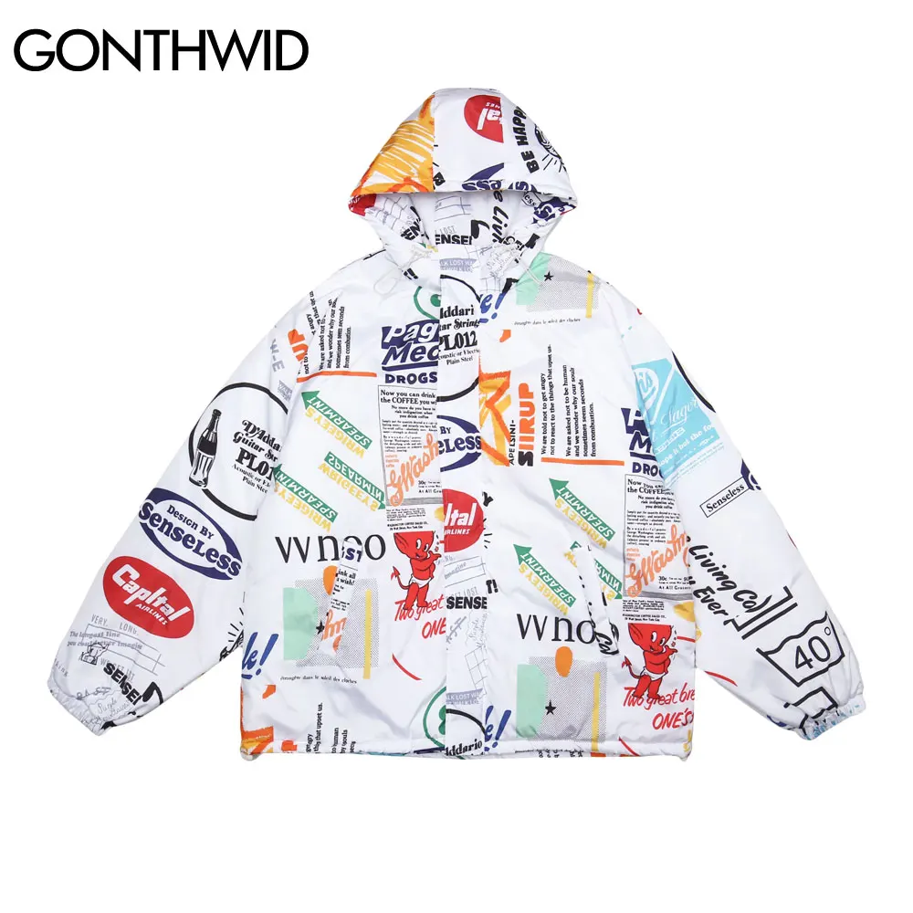 

GONTHWID Graffiti Devil Poster Print Zipper Hooded Cotton Padded Jackets Streetwear Men Women Coats Hip Hop Harajuku Casual Tops