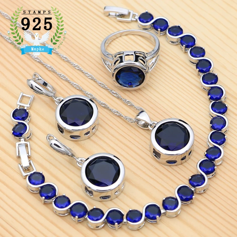 Ladies Silver 925 Jewelry Sets For Women 2018 Blue Cubic Zirconia Rings/Bracelets/Earrings/Pendant Necklace Set Free Gift Box