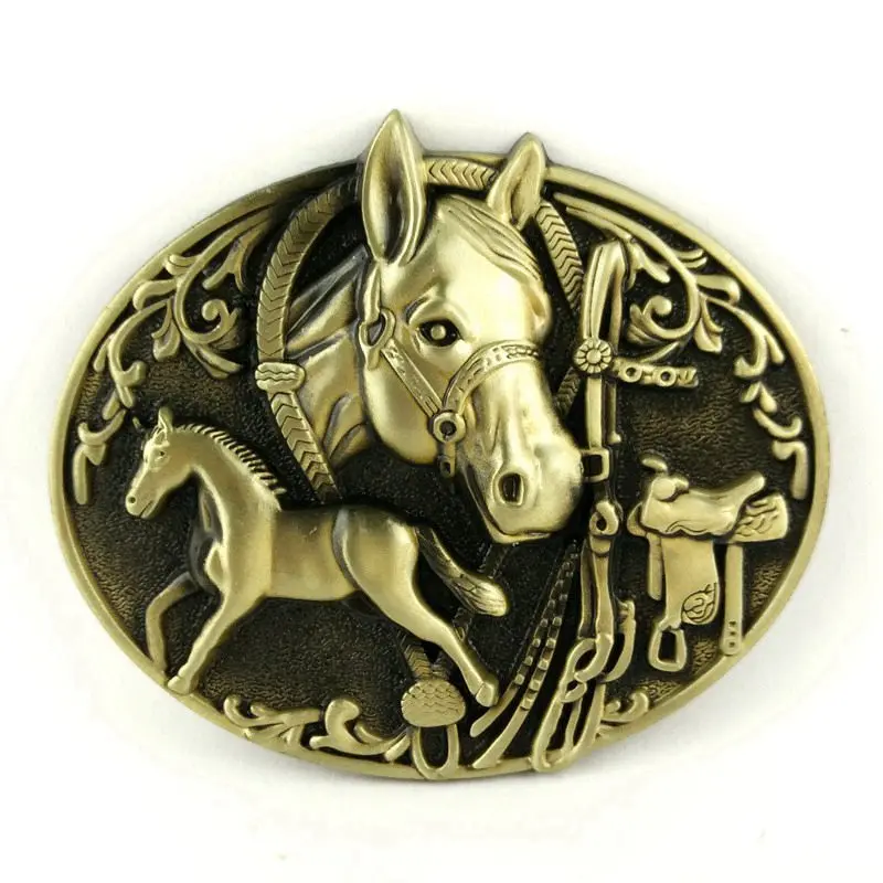 シルバー真鍮と銀の馬の頭楕円形の金属ベルトバックル男性用カジュアルなウエスタンカウボーイアクセサリークールなギフト