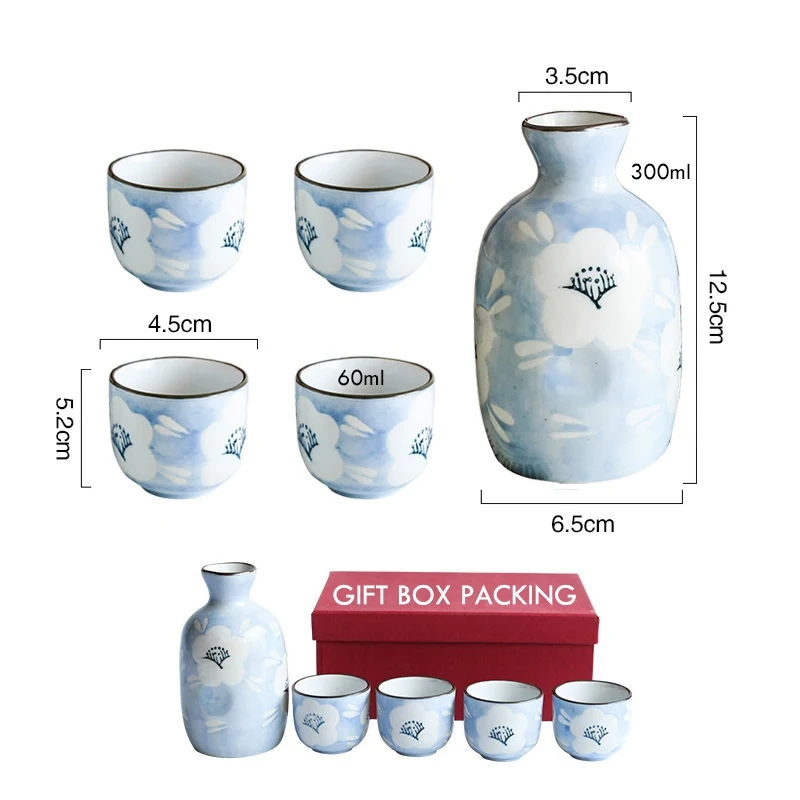 Blue Flower Wine Set Japanese Sake Set Ceramic Wine Pot with Drinking Cup Flagon Bar Set (1 pot + 4 cups)