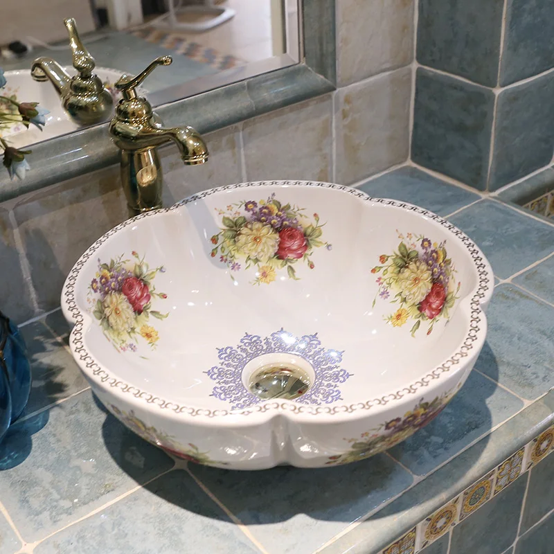 

Flower shape peony Jingdezhen factory directly art hand painted ceramic foot wash sink wash basin bathroom sinks