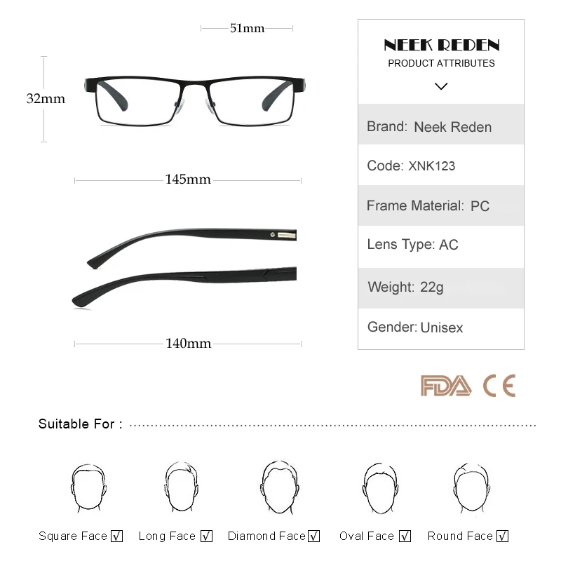 Men Square Reading Glasses Metal Frame Clear Resin Magnifier Eyewear Presbyopic Optical Glasses +0.5 +0.75 +1.25 +1.75 +6.0