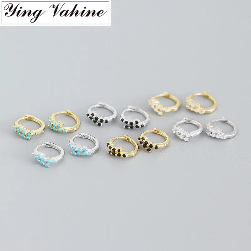 ying Vahine 100% 925 Sterling Silver Blue Black White Zircons Round Circle Hoop Earrings for Women