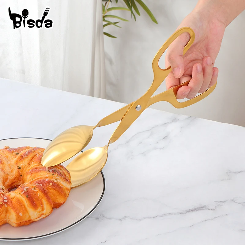 1/2PCS Food Serving Tongs Stainless Steel Bread Clip Scissor Shape Meat Salad Food Clip Gold Kitchen Utensils Serving Tools