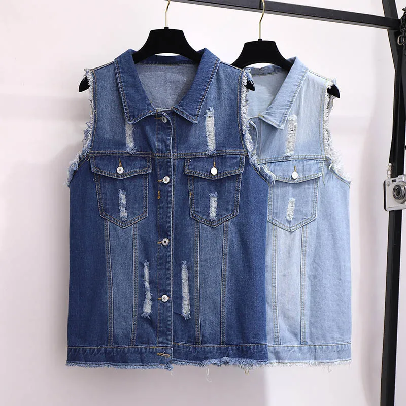 150Kg Plus Size Women's Spring Autumn Loose Denim Vest Bust 152cm 5XL 6XL 7XL 8XL 9XL Sleeveless Lapel Fringed Hole Vest Coat