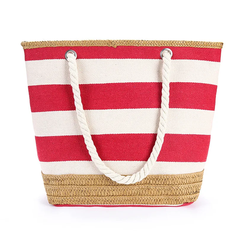 Striped Canvas Handbag For Women Large Capacity Hit Color Travel Shopping Bag For Female New Casual Tote Shoulder Beach Bag