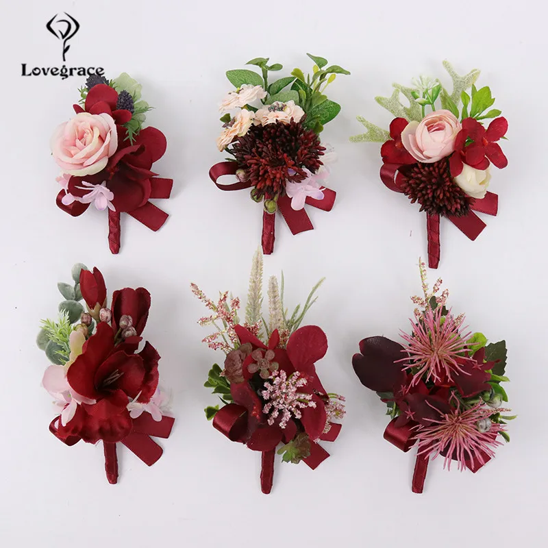 Lovegrace Sposo Fiore All'occhiello Da Sposa Polso Corsage Fiore Rosso Ragazza Del Braccialetto Da Polso Corpetto Artificiale Falso Fiori Forniture di Nozze