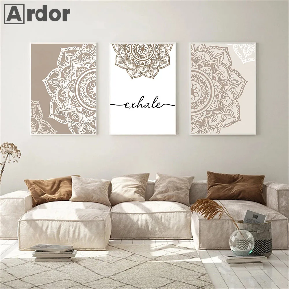 Bohemian Floral Beige Canvas Print Painting Exhale Inhale Mandal Print Yoga Zen Wall Art Poster Pictures Living Room Home Decor