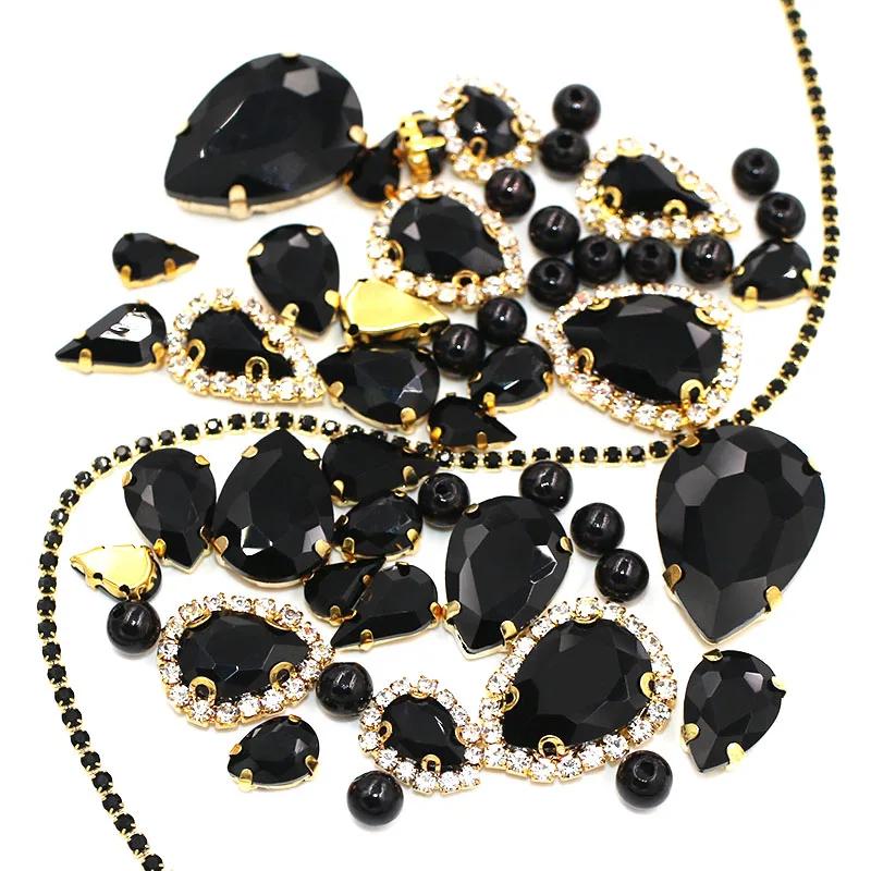 Wedding Decoration gold base Black Mix size Glass Crystal Stones Pearl Beads Cup Chain Rim Rhinestones Sew On Clothing/Dress