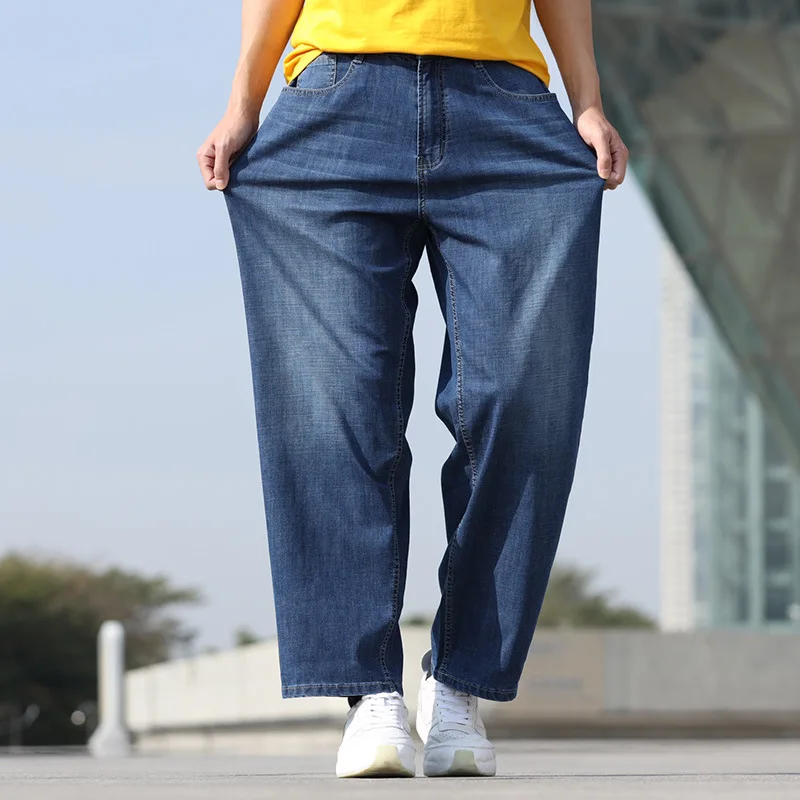 Summer Thin Section Breathable  Straight Large Size Mens Jeans Harem Hip Hop Denim Streetwear Wide Leg Pants Blue Loose Trousers