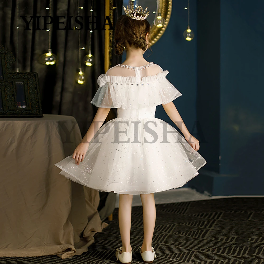 Scoop Neck perline Flower Girl Dress A-Line increspato Tulle abito da ballo principessa abbigliamento per bambini