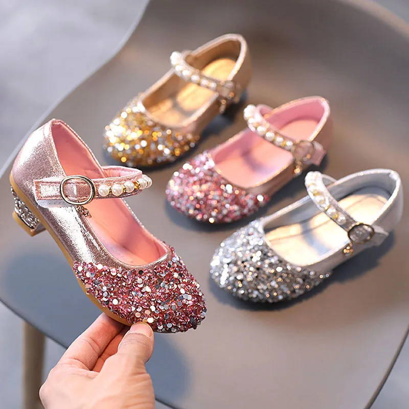 

Kids Leather Shoes For Girls Sequin Glitter Children High Heel Girls Perform Shoes Party Wedding Princess Shoes CSH1264