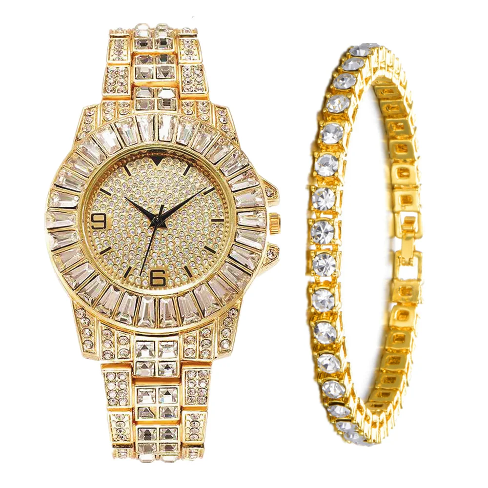 

2pcs/set Iced Out Watch + Tennis Bracelet for Men Women Luxury Cool Hip Hop Gold Mens Watch Set Clock Watches Religio Masculino