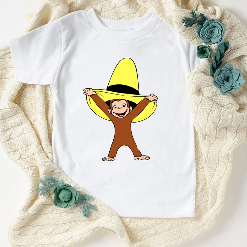 Newly boys t shirts Curious George Cartoon print under yellow hat monkey kids shirt cute girls t-shirts birthday costume tops