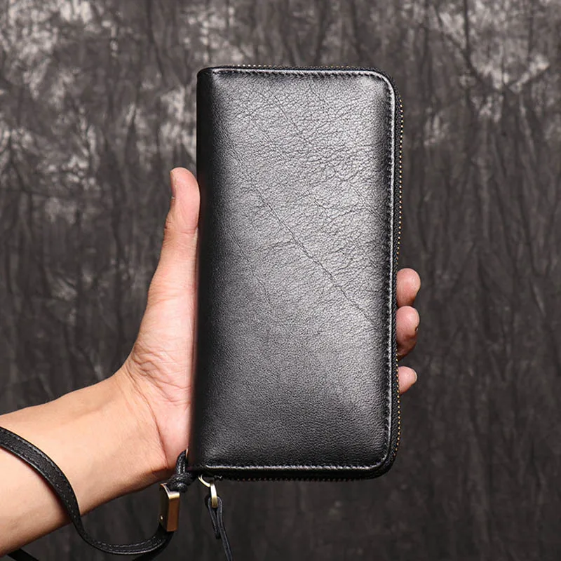 Luufan Genuine Leather Men's Clutch Wallet With Wrist Long Wallet For Business Card Bill Clutches Cowhide Iphone Hand bag Black