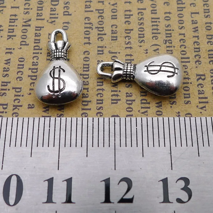 Pendants For Bracelets 10 Pieces 10x17mm Antique Silver Color Dollar Sign Money Bag Charms