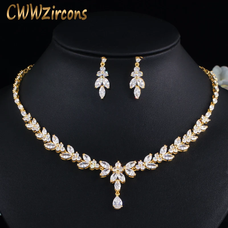 CWWZircons Top African Cubic Zirconia Leaf Drop Women Party Wedding Necklace Bridal Jewelry Set Dubai Gold Color Jewellery T442