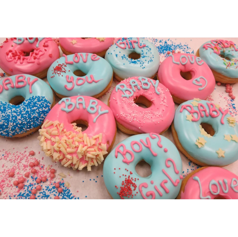 Laeacco пончик ребенок душ фон мальчик или девочка пол раскрыть дети новорожденный день рождения портрет фотография Фон Фотостудия