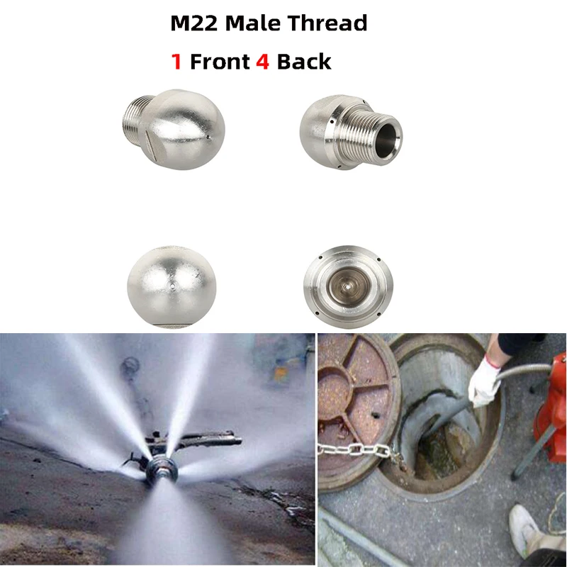 

（2Pieces） 1 Front 4 Back High pressure sewer clean nozzle M22 Stainless steel drain cleaning nozzle pipe cleaning sewer nozzle