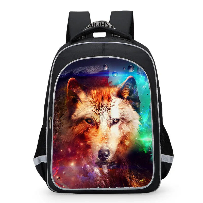 New night wolf black wolf dog creative backpack with reflective strip schoolboy backpack children\'s backpack